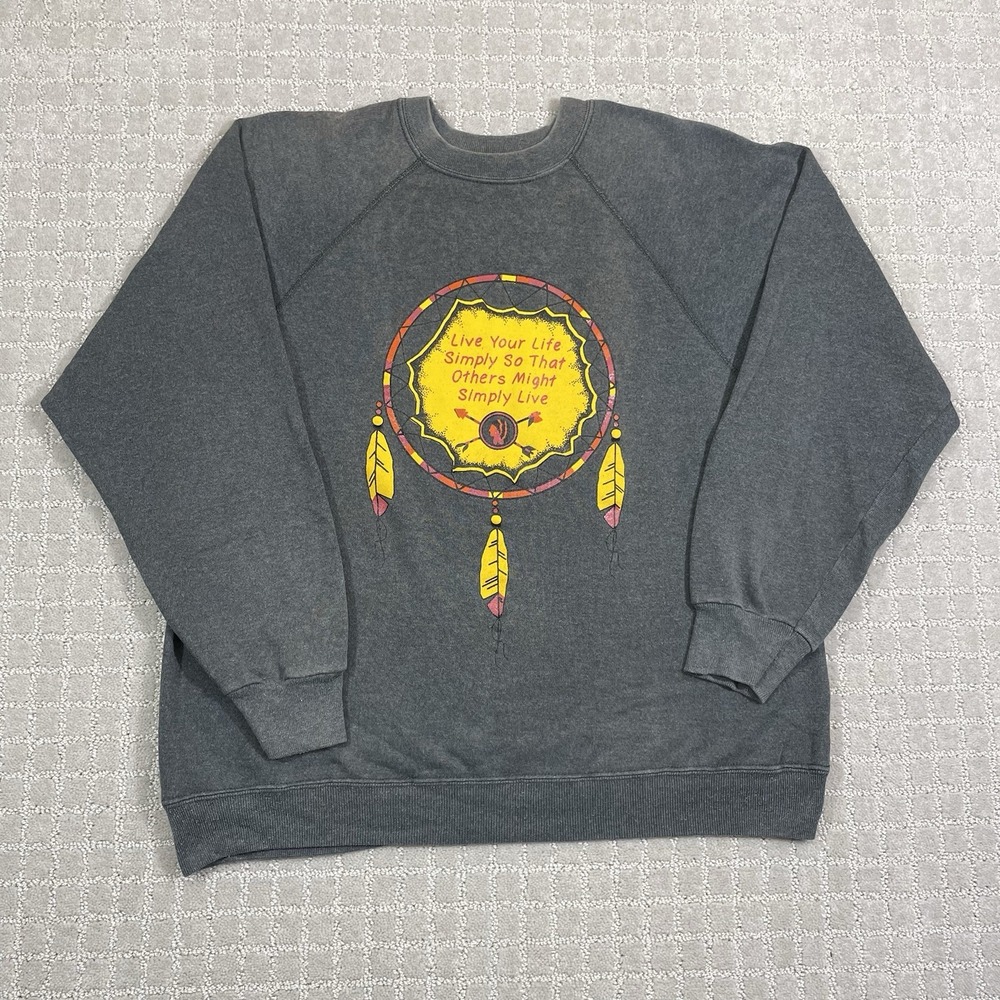 Vintage Native American Dream Catcher Sweatshirt Large Gray Yellow Made In USA - Picture 2 of 6